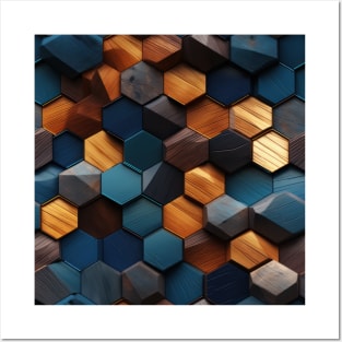 Geometric Timber: Crystalline Hexagons in Amber and Blue Posters and Art